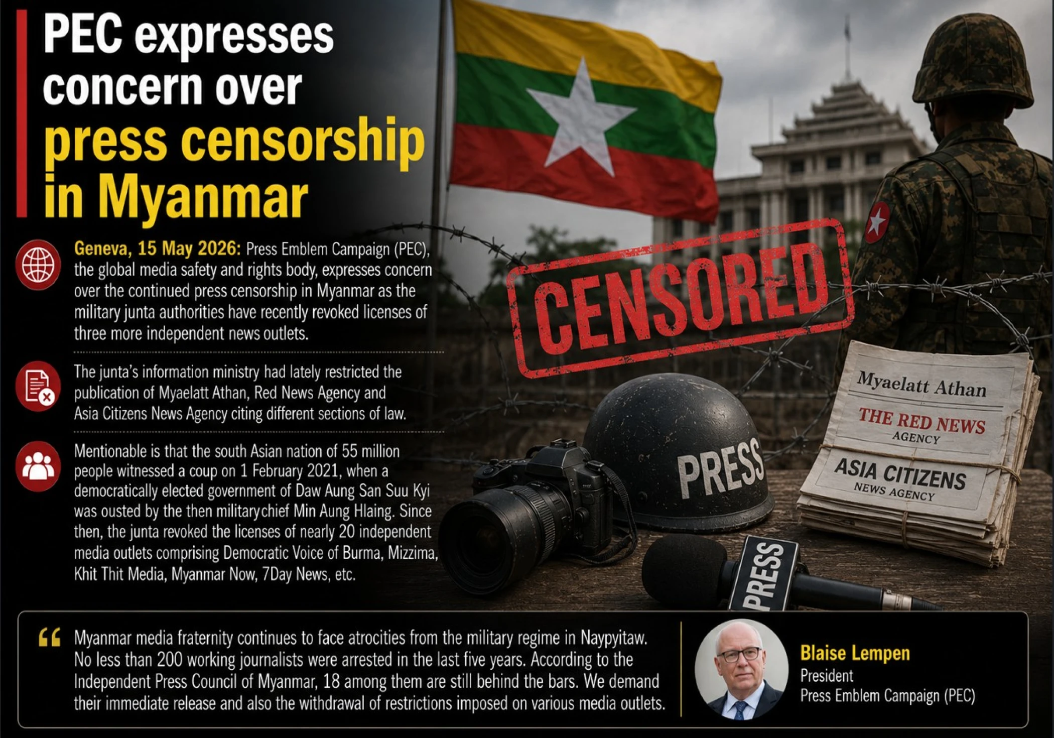 PEC expresses concern over press censorship in Myanmar